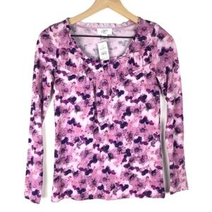 LOFT Top Floral Ruffle Neckline Long Sleeve Lightweight Tie Dye Petite Size XXSP